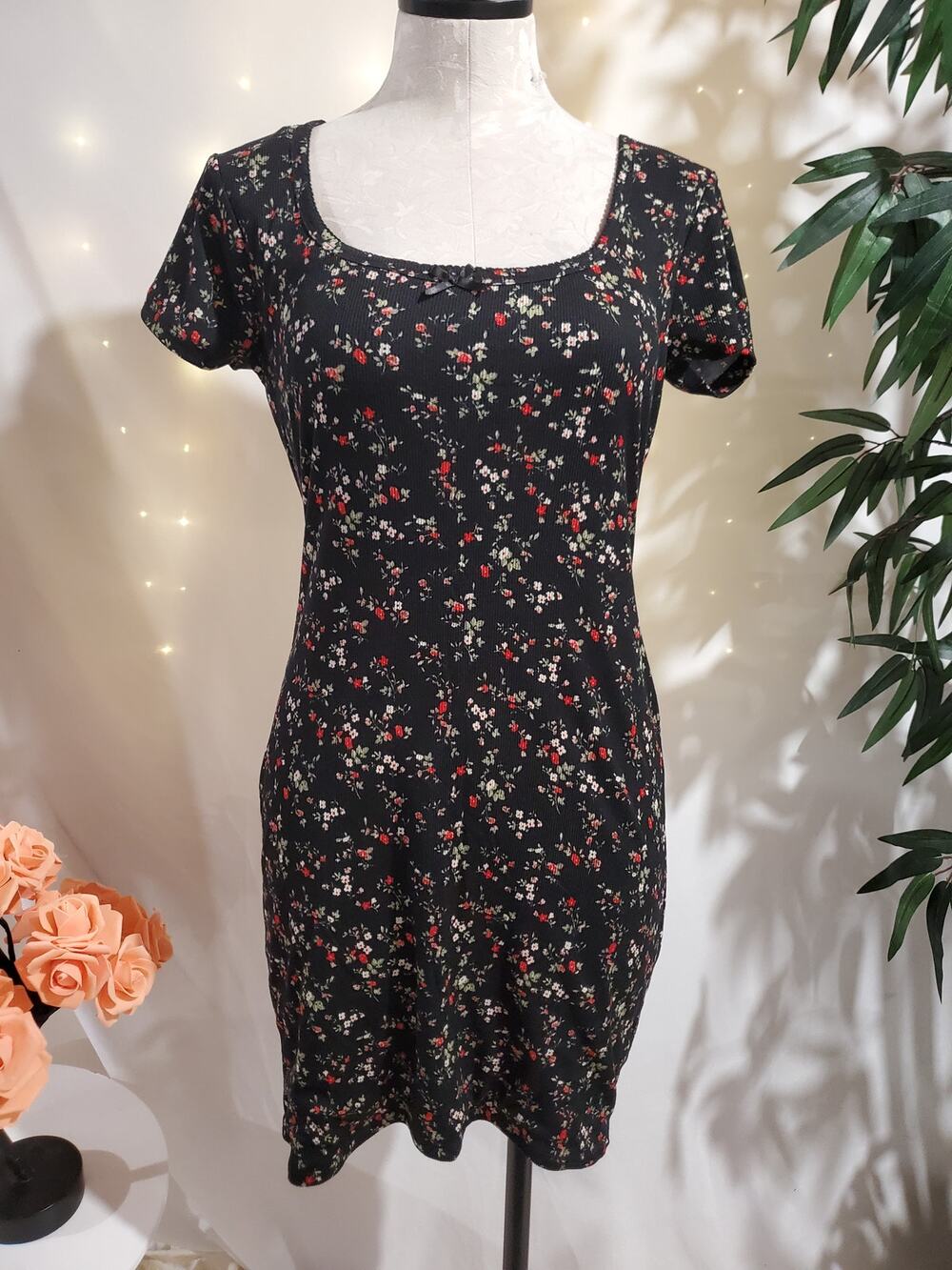 Vtg Justify Y2K Ditsy Dark Floral Ribbed Square Neck Bow Dress L Whimsigoth 90s